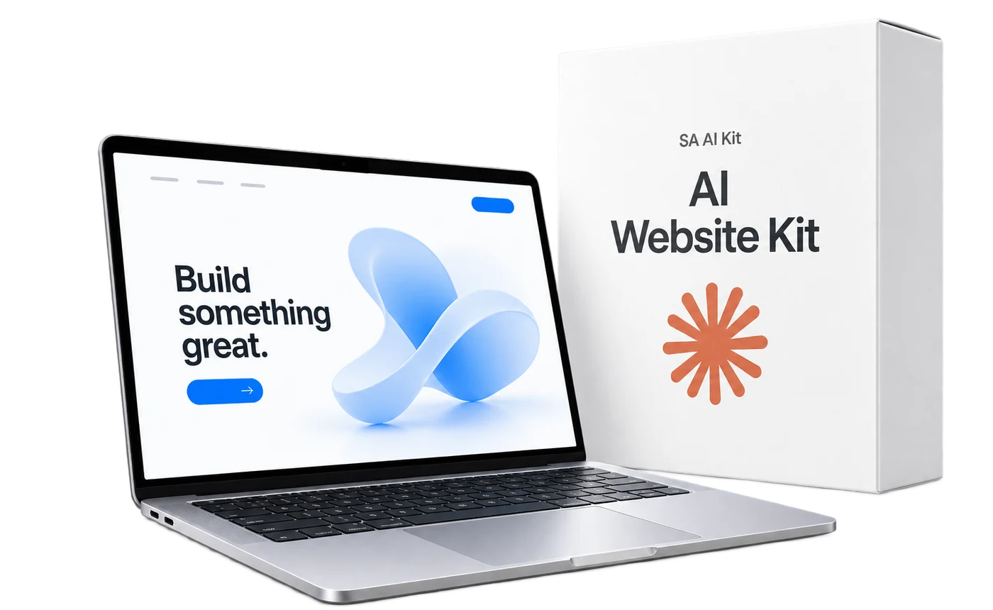 The SA AI Kit: the AI Website Kit box next to a laptop showing a finished, modern website